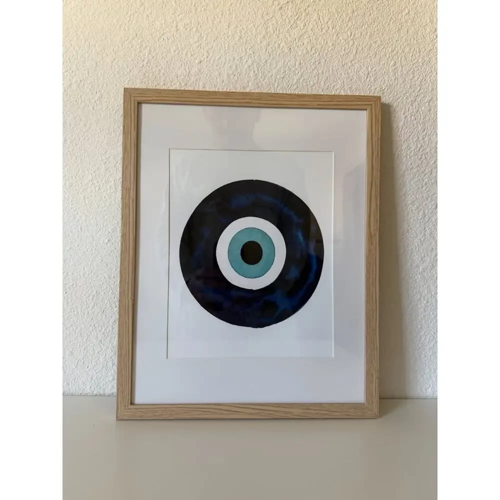 Framed Evil Eye Print — Navy Blue, Natural Wood Frame